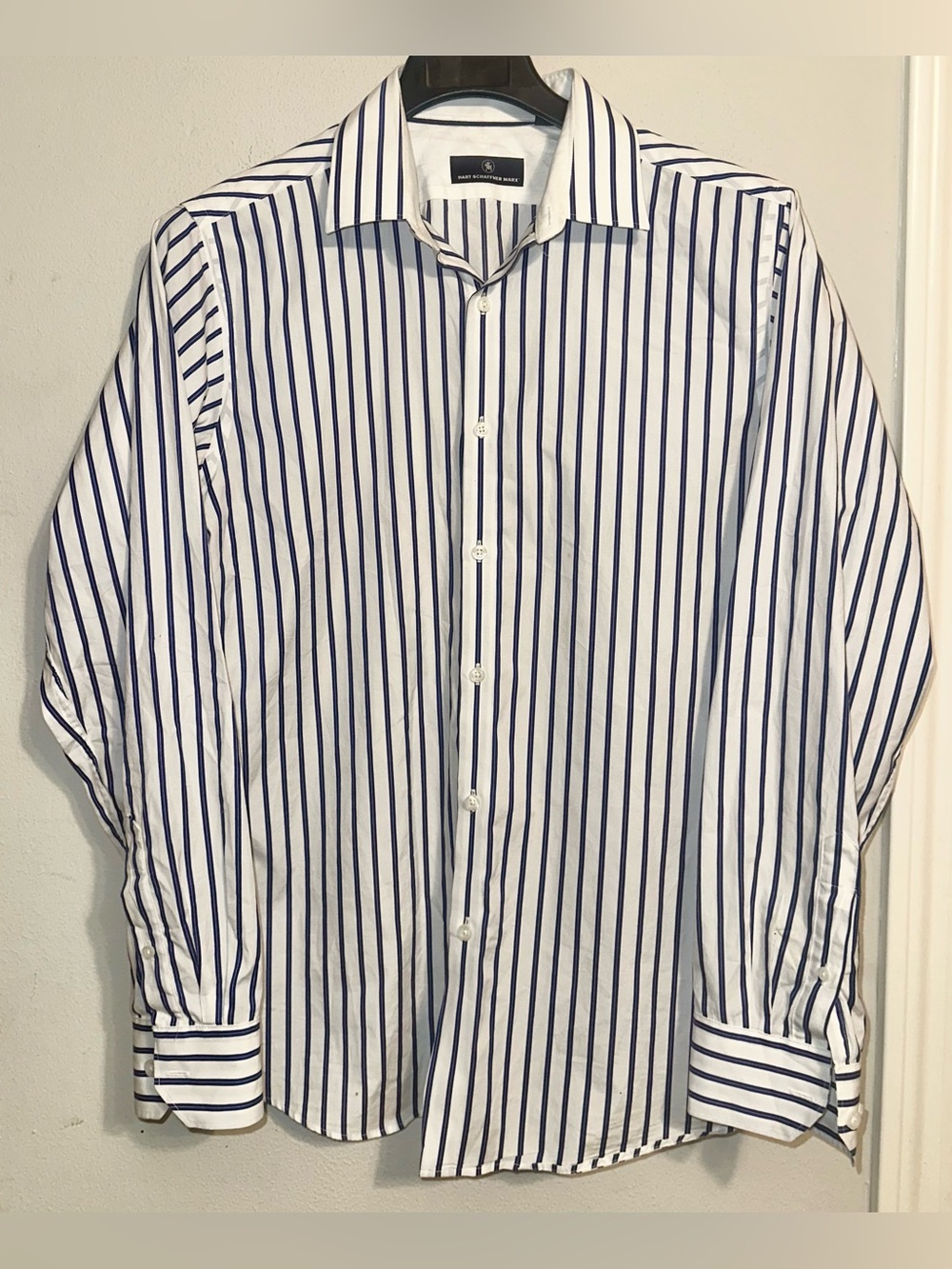 Hart Schaffner Marx White and Navy Striped Button Down Shirt